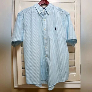 U.S. POLO Assn. Short Sleeve Button Shirt Aqua Stripes Cotton Size XL